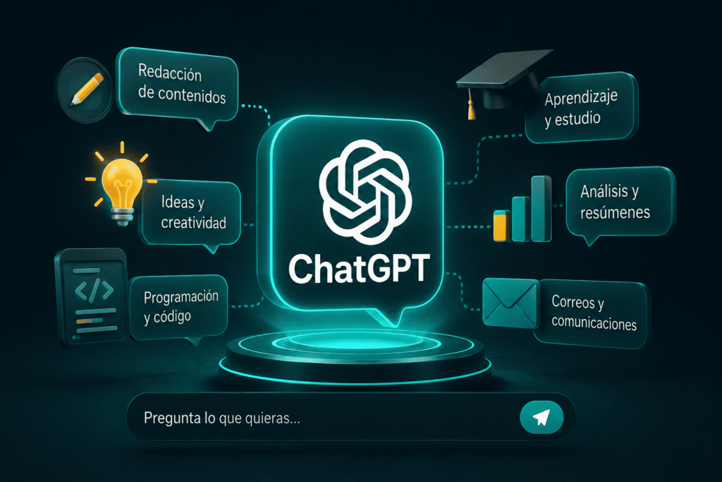 Ilustración futurista de inteligencia artificial con ChatGPT en el centro, mostrando sus usos en redacción, programación, aprendizaje, análisis y productividad digital.