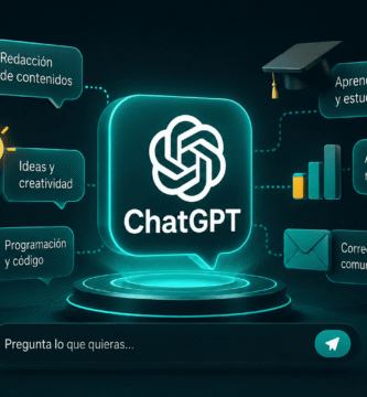 Ilustración futurista de inteligencia artificial con ChatGPT en el centro, mostrando sus usos en redacción, programación, aprendizaje, análisis y productividad digital.