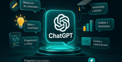 Ilustración futurista de inteligencia artificial con ChatGPT en el centro, mostrando sus usos en redacción, programación, aprendizaje, análisis y productividad digital.
