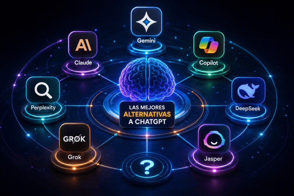 Ilustración futurista que muestra las principales alternativas a ChatGPT, incluyendo Gemini, Claude, Copilot, Perplexity, DeepSeek, Grok y Jasper conectadas alrededor de un cerebro digital de inteligencia artificial.