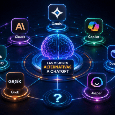 Ilustración futurista que muestra las principales alternativas a ChatGPT, incluyendo Gemini, Claude, Copilot, Perplexity, DeepSeek, Grok y Jasper conectadas alrededor de un cerebro digital de inteligencia artificial.