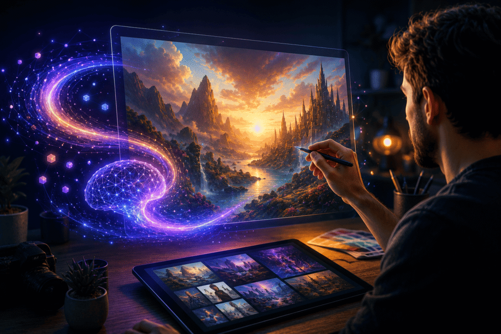 Persona creando arte digital con inteligencia artificial en una pantalla futurista mostrando imágenes generadas por IA mediante prompts y herramientas avanzadas de diseño digital.