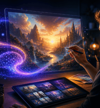 Persona creando arte digital con inteligencia artificial en una pantalla futurista mostrando imágenes generadas por IA mediante prompts y herramientas avanzadas de diseño digital.