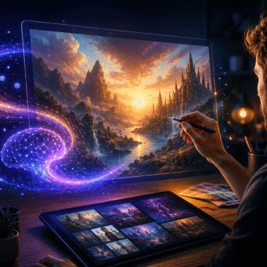 Persona creando arte digital con inteligencia artificial en una pantalla futurista mostrando imágenes generadas por IA mediante prompts y herramientas avanzadas de diseño digital.
