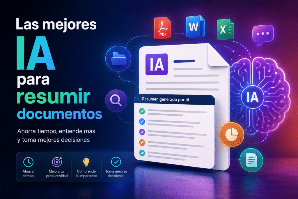 Ilustración de inteligencia artificial analizando y resumiendo documentos PDF, Word y Excel mediante IA para mejorar la productividad y ahorrar tiempo.