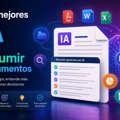 Ilustración de inteligencia artificial analizando y resumiendo documentos PDF, Word y Excel mediante IA para mejorar la productividad y ahorrar tiempo.