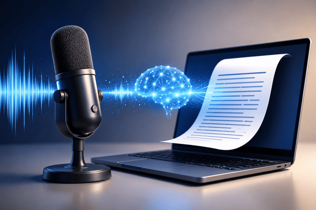 Micrófono profesional conectado a una inteligencia artificial que convierte audio en texto automáticamente mediante tecnología avanzada de transcripción digital.