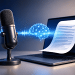 Micrófono profesional conectado a una inteligencia artificial que convierte audio en texto automáticamente mediante tecnología avanzada de transcripción digital.