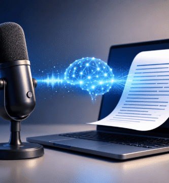 Micrófono profesional conectado a una inteligencia artificial que convierte audio en texto automáticamente mediante tecnología avanzada de transcripción digital.