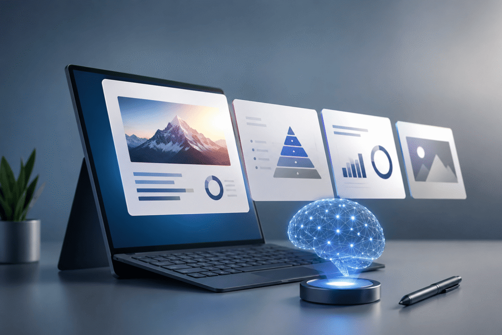Portátil con diapositivas digitales flotantes y visualización de inteligencia artificial generando una presentación profesional automatizada.