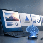 Portátil con diapositivas digitales flotantes y visualización de inteligencia artificial generando una presentación profesional automatizada.