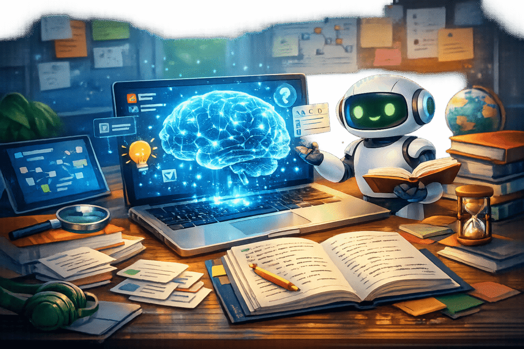 Estudiante utilizando inteligencia artificial para organizar apuntes, comprender conceptos y estudiar de forma más rápida y eficiente.