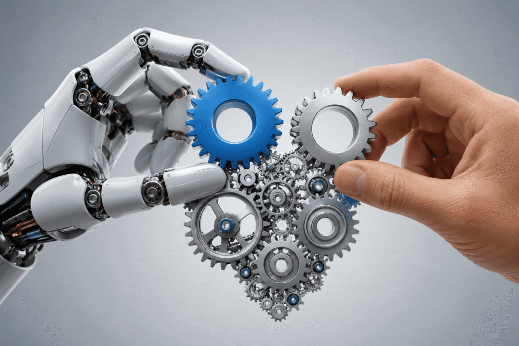Mano robótica y mano humana ensamblando engranajes metálicos que simbolizan la automatización de tareas repetitivas mediante inteligencia artificial en un entorno tecnológico.
