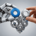 Mano robótica y mano humana ensamblando engranajes metálicos que simbolizan la automatización de tareas repetitivas mediante inteligencia artificial en un entorno tecnológico.
