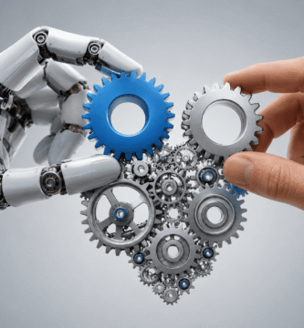 Mano robótica y mano humana ensamblando engranajes metálicos que simbolizan la automatización de tareas repetitivas mediante inteligencia artificial en un entorno tecnológico.