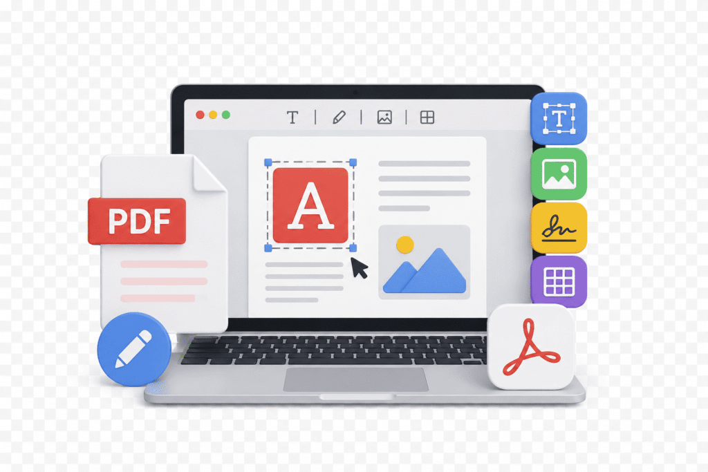 Ilustración de un portátil con un editor PDF online mostrando herramientas para editar texto, añadir imágenes, firmar documentos y gestionar archivos PDF desde el navegador.