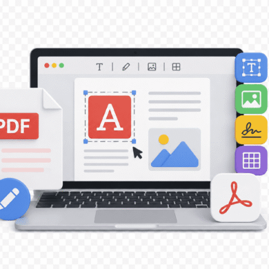 Ilustración de un portátil con un editor PDF online mostrando herramientas para editar texto, añadir imágenes, firmar documentos y gestionar archivos PDF desde el navegador.