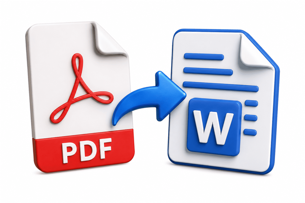 Ilustración de un archivo PDF transformándose en un documento de Word mediante un convertidor digital con diseño moderno y fondo limpio.
