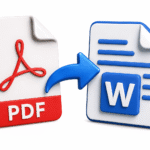 Ilustración de un archivo PDF transformándose en un documento de Word mediante un convertidor digital con diseño moderno y fondo limpio.