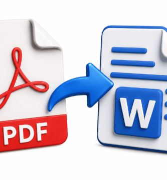 Ilustración de un archivo PDF transformándose en un documento de Word mediante un convertidor digital con diseño moderno y fondo limpio.