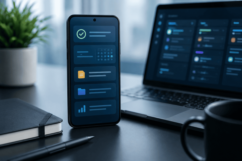 Persona utilizando varias apps de productividad en un teléfono Android para organizar tareas y mejorar su rendimiento diario.