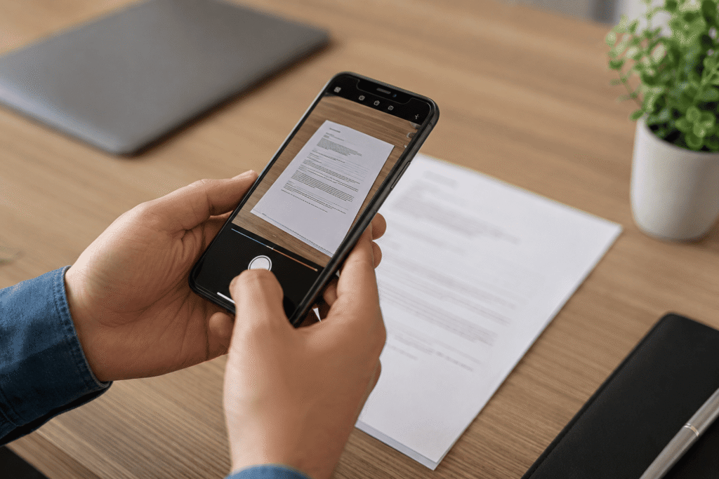 Persona utilizando una aplicación para escanear documentos con el móvil y convertirlos en PDF de alta calidad.