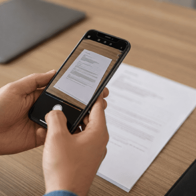 Persona utilizando una aplicación para escanear documentos con el móvil y convertirlos en PDF de alta calidad.