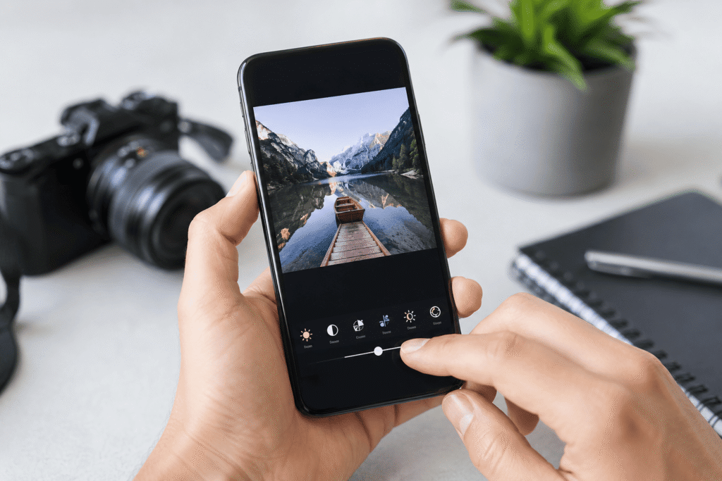 Persona editando una fotografía desde un smartphone utilizando una aplicación profesional de edición de imágenes.