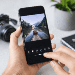 Persona editando una fotografía desde un smartphone utilizando una aplicación profesional de edición de imágenes.