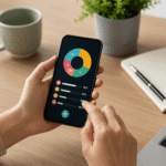 Persona utilizando aplicaciones para controlar gastos personales desde un teléfono móvil mientras revisa su presupuesto mensual.