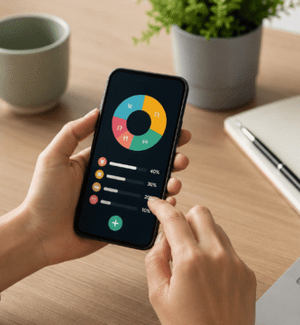 Persona utilizando aplicaciones para controlar gastos personales desde un teléfono móvil mientras revisa su presupuesto mensual.