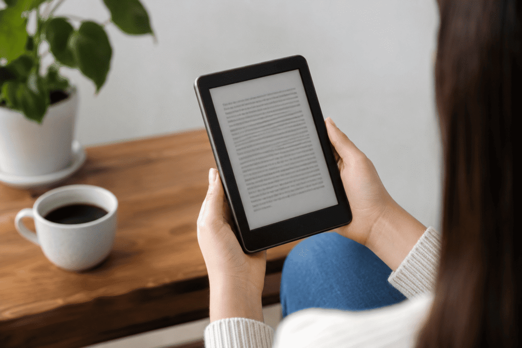 Persona leyendo un libro electrónico desde una aplicación de lectura en una tablet.