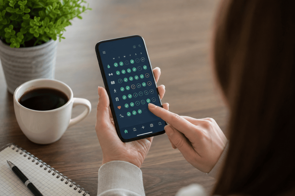 Persona utilizando una aplicación para crear hábitos diarios desde un teléfono móvil mientras organiza sus tareas.