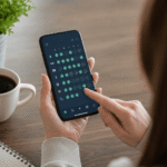 Persona utilizando una aplicación para crear hábitos diarios desde un teléfono móvil mientras organiza sus tareas.