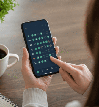 Persona utilizando una aplicación para crear hábitos diarios desde un teléfono móvil mientras organiza sus tareas.