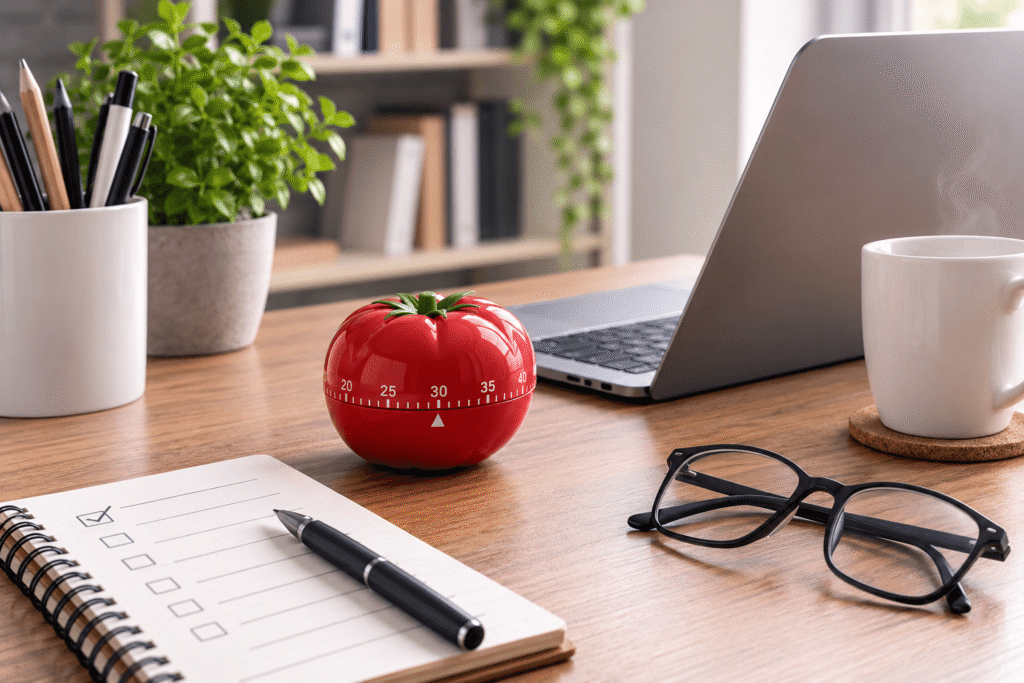 Profesional utilizando la técnica Pomodoro para organizar el trabajo y mejorar la productividad.