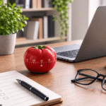 Profesional utilizando la técnica Pomodoro para organizar el trabajo y mejorar la productividad.