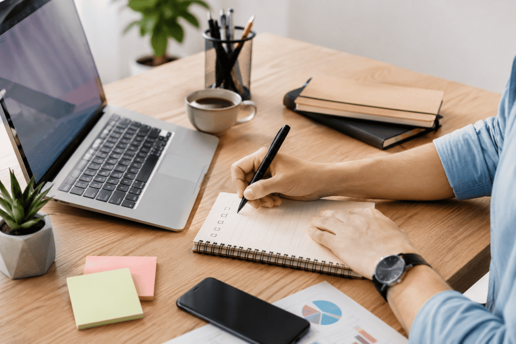 Persona utilizando un ordenador y una agenda para gestionar tareas y mejorar su productividad.