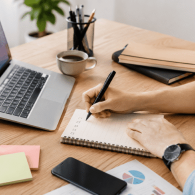 Persona utilizando un ordenador y una agenda para gestionar tareas y mejorar su productividad.
