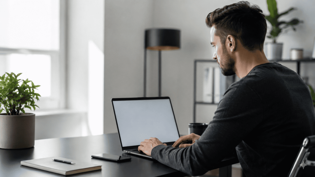 Persona trabajando en un espacio de trabajo moderno con portátil, representando un sistema personal de productividad y organización del tiempo.