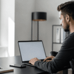 Persona trabajando en un espacio de trabajo moderno con portátil, representando un sistema personal de productividad y organización del tiempo.