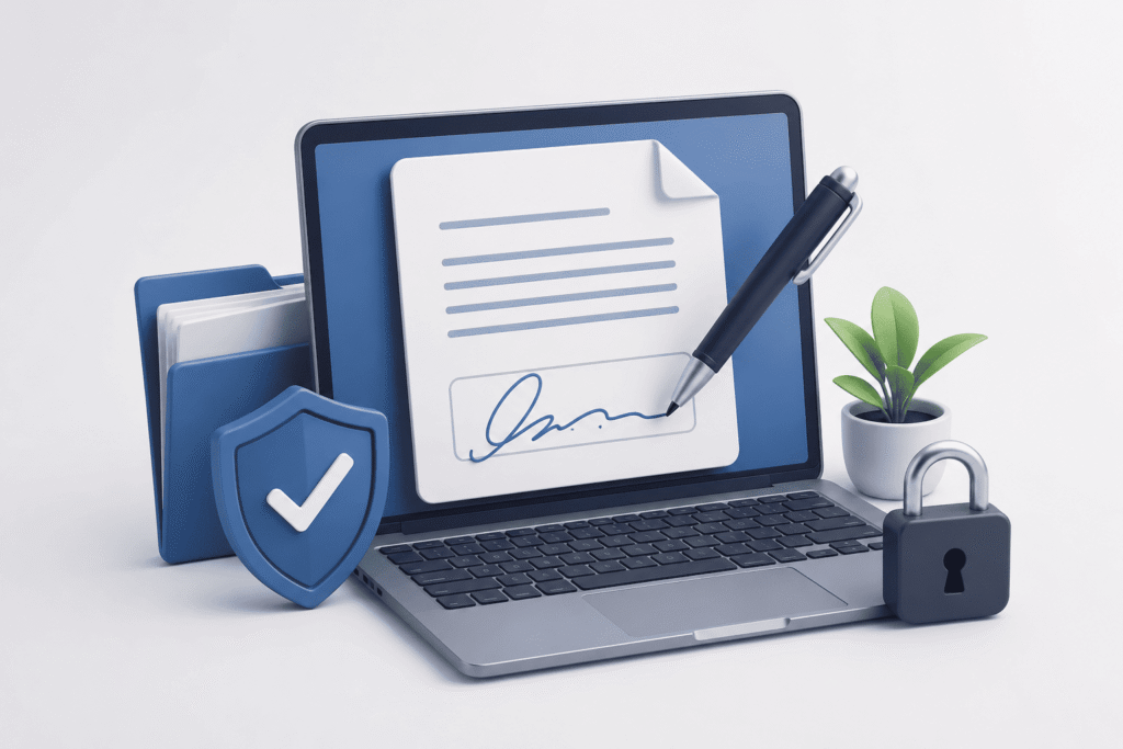 Persona utilizando herramientas para firmar documentos digitalmente en un ordenador portátil