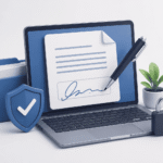 Persona utilizando herramientas para firmar documentos digitalmente en un ordenador portátil