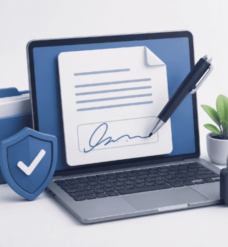 Persona utilizando herramientas para firmar documentos digitalmente en un ordenador portátil