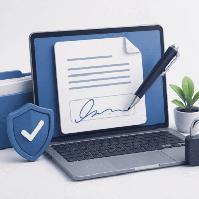 Persona utilizando herramientas para firmar documentos digitalmente en un ordenador portátil
