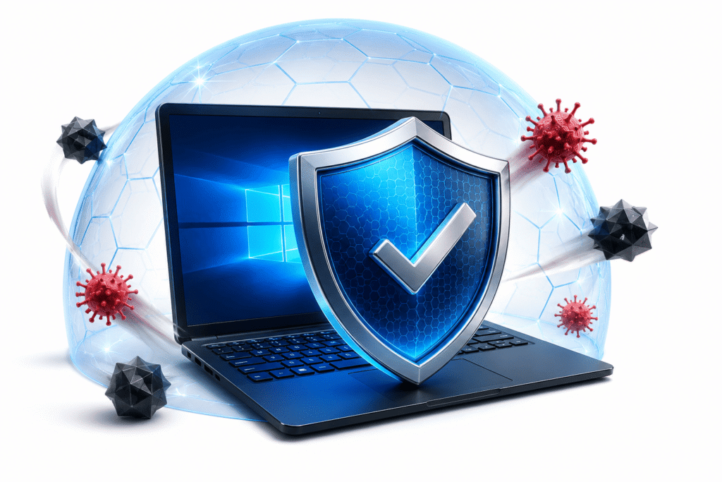 Interfaz de un antivirus gratuito protegiendo un ordenador con Windows frente a amenazas digitales.