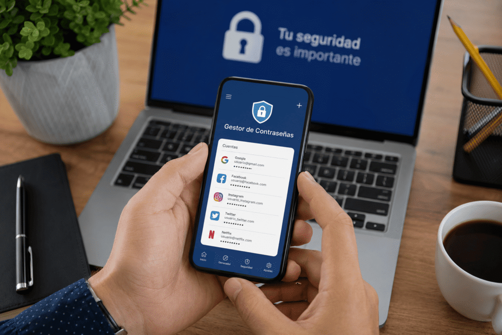 Interfaz de un gestor de contraseñas mostrando una bóveda segura con credenciales protegidas