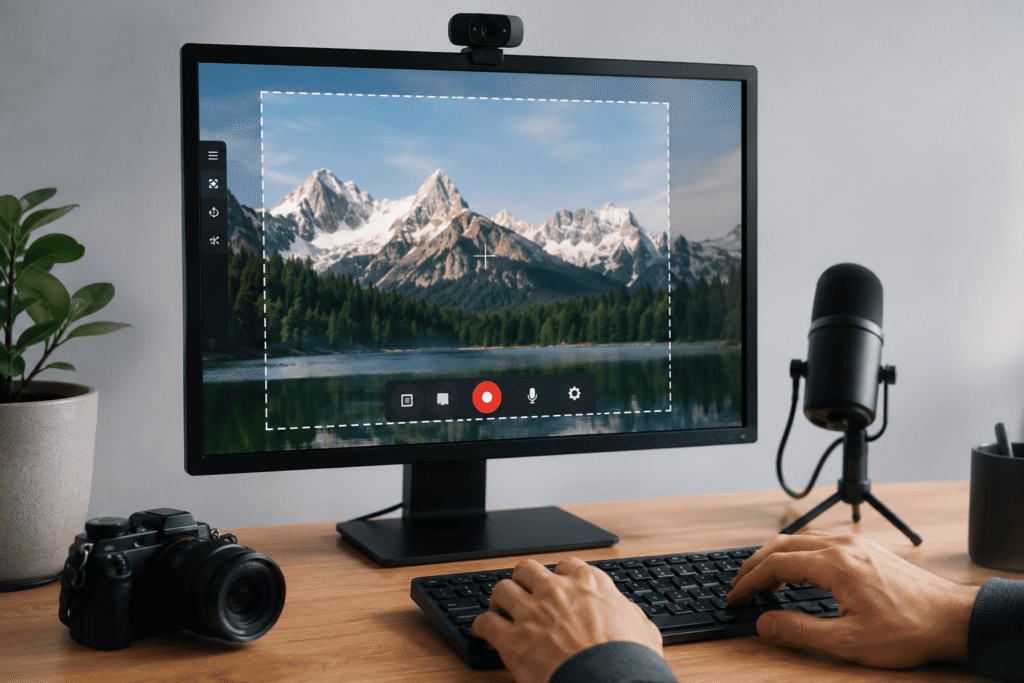 Persona utilizando un software para grabar la pantalla del ordenador en un equipo de escritorio.