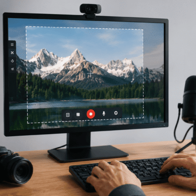 Persona utilizando un software para grabar la pantalla del ordenador en un equipo de escritorio.