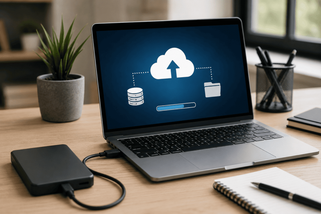 Software de copia de seguridad automática protegiendo archivos importantes en un ordenador y almacenamiento en la nube.